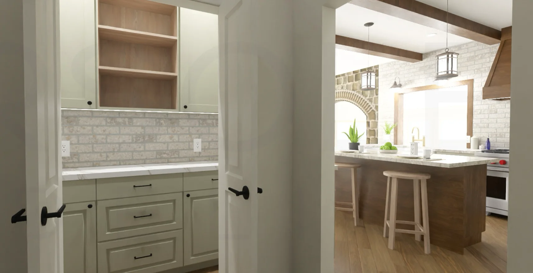 Kitchen design rendering showing a cabinet-lined pantry area opening into the kitchen.