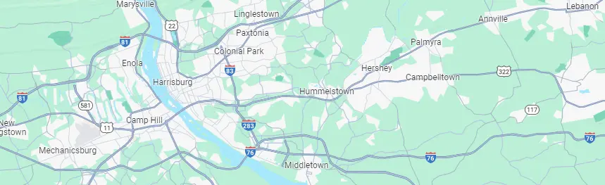 Map showing Ebersole Remodeling's Central Pennsylvania service area