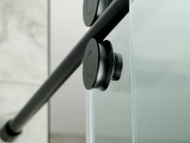 Black sliding-shower-door hardware and handle beside clear glass.