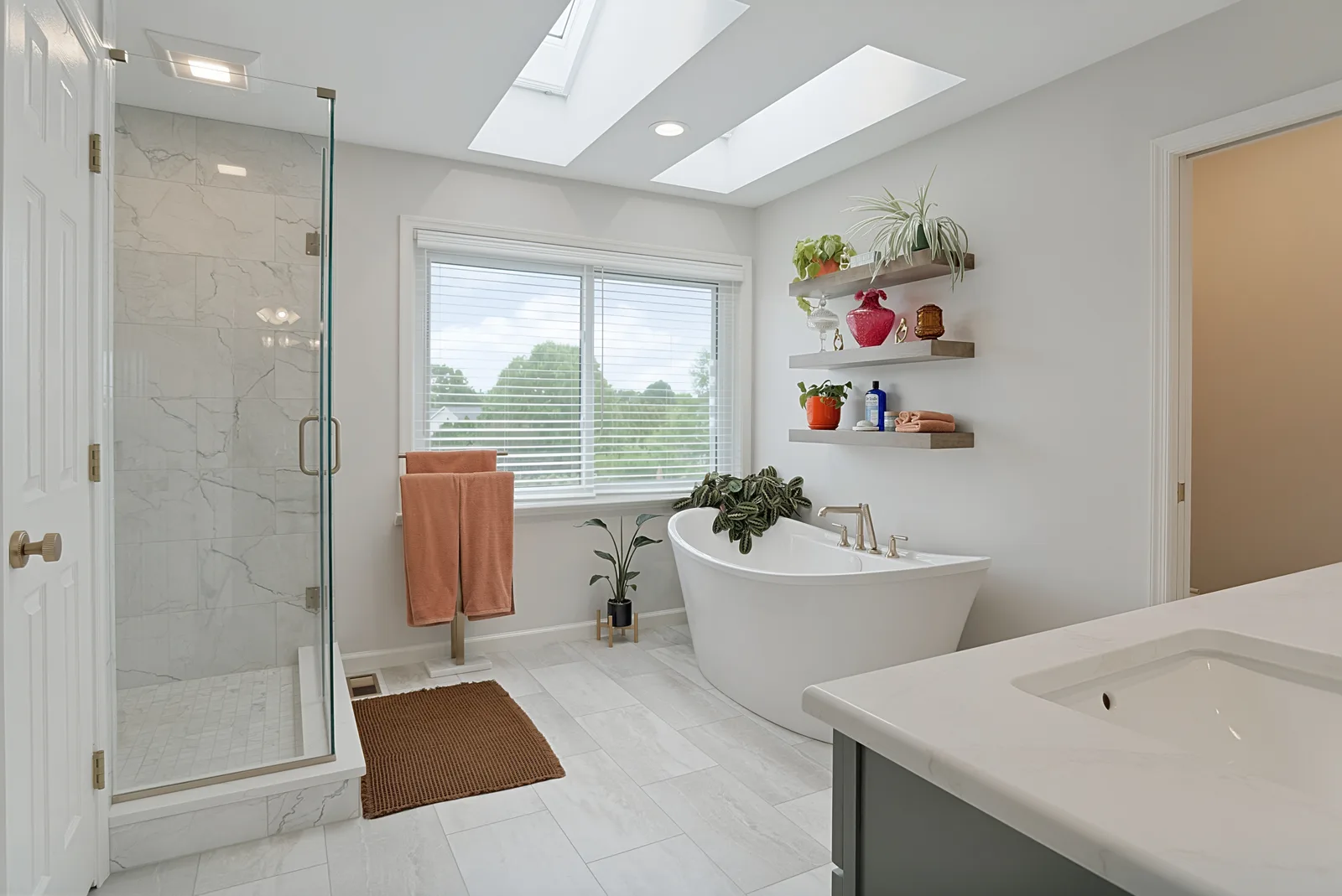 Finished bathroom overview with a glass shower, freestanding tub beneath floating shelves, a window and two skylights.