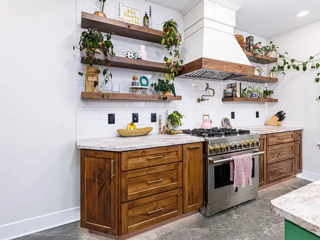 Wide view of the kitchen cooking wall with wood base cabinets, open shelves and a white range hood.